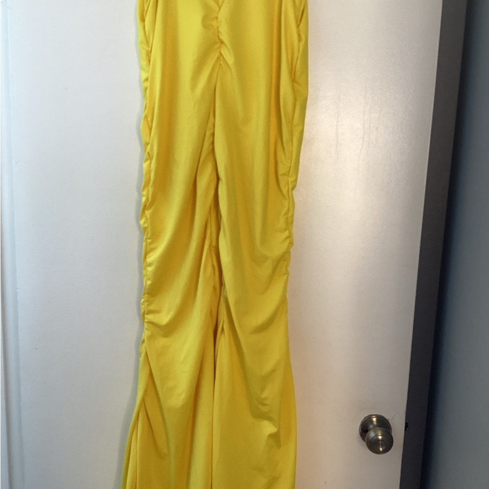 Wide Leg Ruched Yellow Jumpsuit - Picture 8 of 12